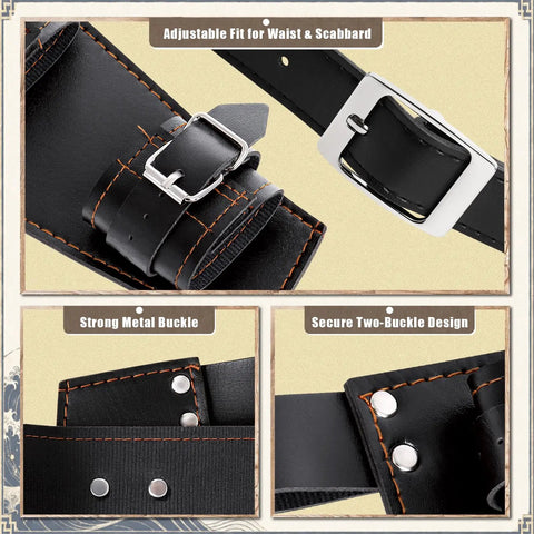 Adjustable Katana Sword Belt Holder With Dual Buckles Dope PU Leather Samurai Frog Holster close-up of buckles and stitching