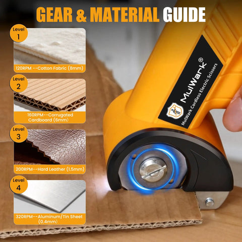 Mulwark 4.2V Electric Scissors Cordless Box Cutter With Led Display And Two Spare Blades cutting guide for various materials.