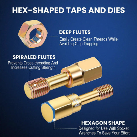 15 Piece Metric Thread Chaser Set With 7 Taps And 7 Dies Plus Thread Restorer File showing hex-shaped taps and dies, deep flutes