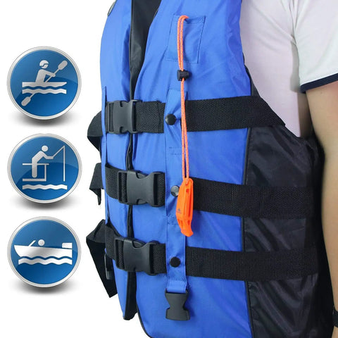 Person wearing life vest with Ultra Loud Double Chamber Emergency Whistle With Lanyard For Kayaks Boats Life Vest And Outdoor Adventures Pealess 120dB Survival Signal For Hiking Camping Fishing And Rescue 2 Pack.