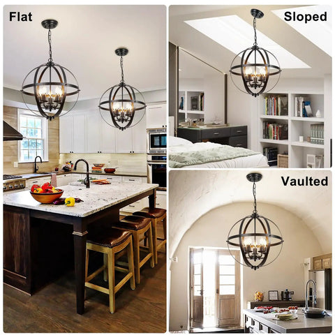 Vintage 5 Globe Pendant Light With Dope Adjustable Chain Metal Flush Mount Chandelier in Matte Black for various ceilings.