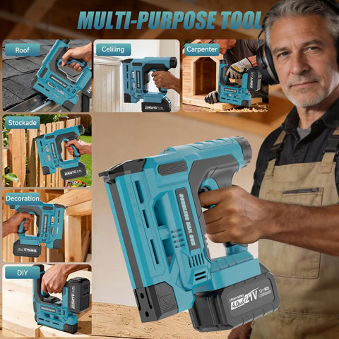 Badass Heavy Duty 18 Gauge Cordless Brad Nailer And Crown Stapler Combo With Fast Charger, shown in use by carpenter.
