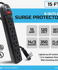 Six Outlet Surge Protector Power Strip With 25 Foot Extension Cord Flat Plug White Low Profile Design ETL Listed UL Standard