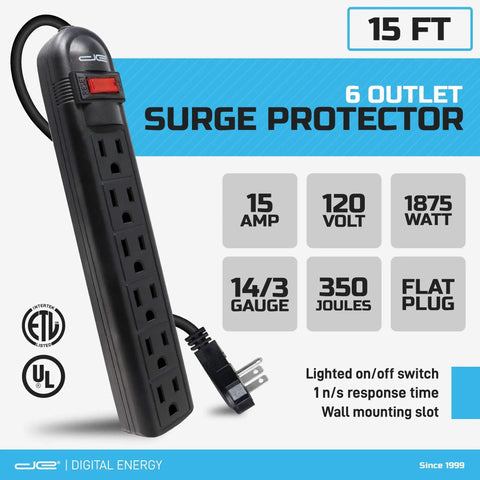 Six Outlet Surge Protector Power Strip With 25 Foot Extension Cord Flat Plug White Low Profile Design ETL Listed UL Standard