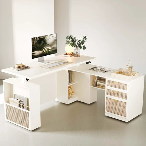 Modern Mate 63 Inch L Shaped Electric Standing Desk With Privacy Panel Ergonomic Adjustable Height Sit Stand Workstation Memory Settings For Home Office Productivity in white with shelves and drawers.
