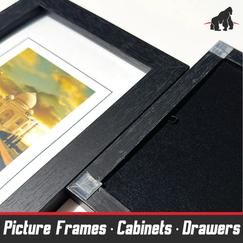 Picture frame corner with Transparent Adhesive Bumper Pads All In One 106 Piece Set for sound dampening and protection.