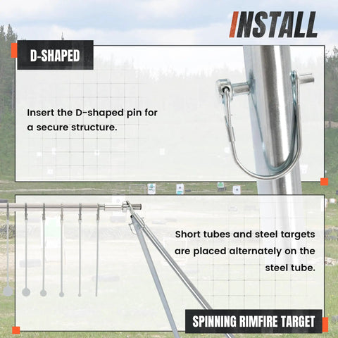 Spinning Rimfire Targets For.22 Caliber Pistols And Rifles, zinc-coated steel setup with D-shaped pin for secure structure.