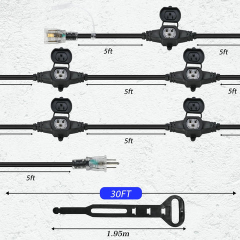 Heavy Duty 30 Foot Extension Cord With Six Weatherproof Sockets, shows 5ft intervals and connectors.