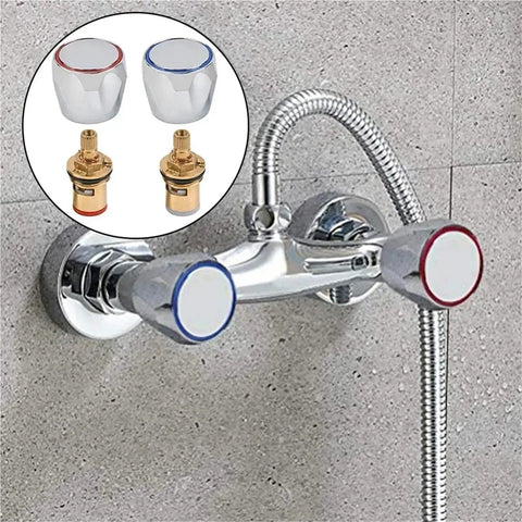 Upgrade Your Sink With This Hot Cold Faucet Tap Handle Knob Conversion Kit, Featuring Durable Copper Valve Reviver Heads For Easy 1/2 Inch Thread Replacement And Fresh Basin Washer Fixes That Fix Leaks Like Magic. chrome hot cold faucet handles with copper valve parts and shower hose