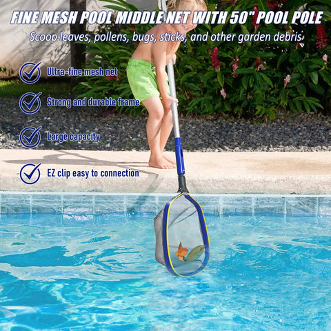 Child using All In One Pro Grade Pool Cleaning Kit with 10 Inch Nylon Brush and 50 Inch Telescopic Aluminum Pole with Ultra Fine Mesh Skimmer Net