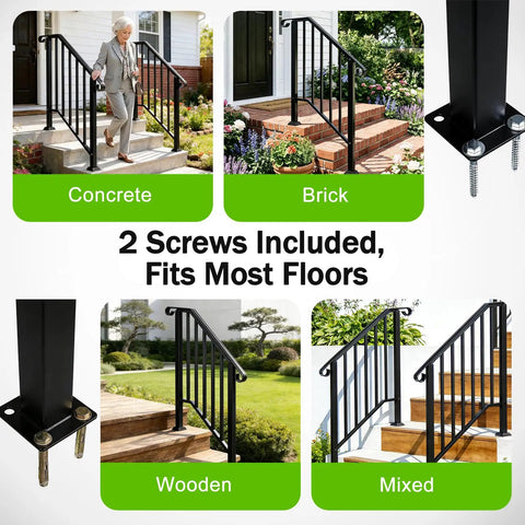 Hella Secure 2 Pack Outdoor Stair Handrails For 2 To 3 Steps Rock Solid Galvanized Metal Porch Railing in various settings.
