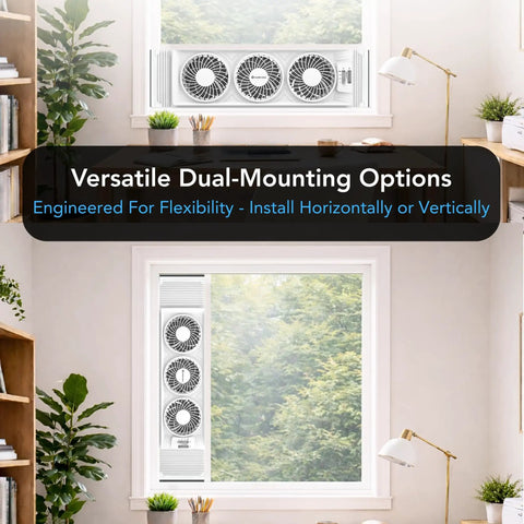 Triple Window Fan With Adjustable Thermostat, Three Speed High Velocity Cooling, Horizontal Or Vertical Manual Control