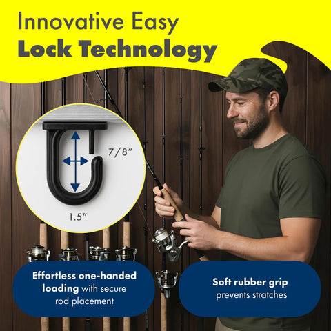 Versatile Fishing Rod Holder For Garage Organization And Wall Storage Keeps Reels Gear with lock technology detail and usage