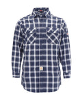 Flame Resistant Work Shirt For Men In Navy White Plaid, 6.25oz FR Cotton Twill, front view showing FR buttons and stitching.