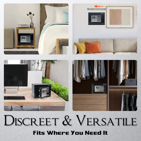 Compact Hidden Safe Box For Money And Valuables With Keys And Digital Code installed in various home settings