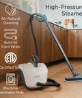 Straight Shooter Rolling Steam Cleaner With A Massive 1.5L Tank And 17 Nifty Attachments For Zero Chemical Deep Cleaning Floors Grout Windows And Cars Without The Hassle in a kitchen setting.