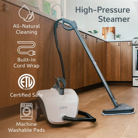 Straight Shooter Rolling Steam Cleaner With A Massive 1.5L Tank And 17 Nifty Attachments For Zero Chemical Deep Cleaning Floors Grout Windows And Cars Without The Hassle in a kitchen setting.