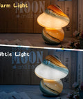 Pacifier Shaped Mushroom Lamp With Stepless Dimmable Glass Bedside Table Lamp showing warm and white light settings on table