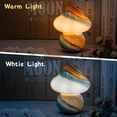 Pacifier Shaped Mushroom Lamp With Stepless Dimmable Glass Bedside Table Lamp showing warm and white light settings on table