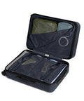 Open view of Bigger Carry On Luggage From Away, navy blue with ample interior, lightweight hardside large suitcase with organizational compartments
