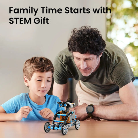 Father and son building with 12 In 1 Solar Robot Building Kit For Kids And Teens Aged 8 To 13 Hands On STEM Toy Powered By The Sun 190 Pieces