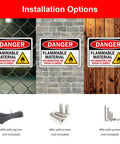 Built Different Safety Warning Plates For Flammable Supplies And Open Flames, Heavy Duty Aluminum Sheet, Installation options shown.