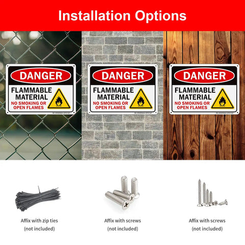 Built Different Safety Warning Plates For Flammable Supplies And Open Flames, Heavy Duty Aluminum Sheet, Installation options shown.