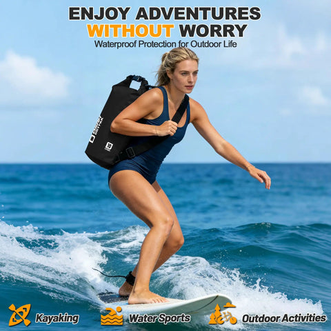 Person surfing with Floating Waterproof Dry Bag With Roll Top Seal And Free Phone Case in black, ideal for water sports.