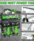 Garage Wall Mount Tool Organizer With Four Layer Storage Rack And Eight Drill Holders For Cordless Drills, Hammers, Pliers And Screwdrivers