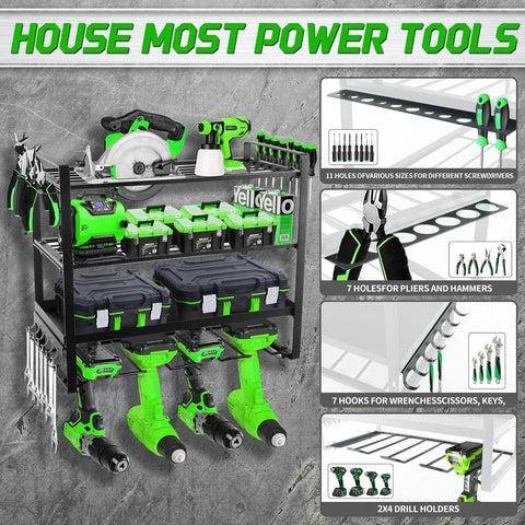 Garage Wall Mount Tool Organizer With Four Layer Storage Rack And Eight Drill Holders For Cordless Drills, Hammers, Pliers And Screwdrivers