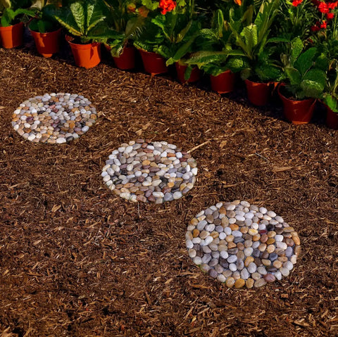 Polished River Rock Stepping Stones For Garden Pathway With Mesh Backing Nine Inch Pebble Paver Mats Six Pack Outdoor Decorative Stones