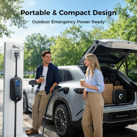 Portable J1772 EV Charger For All J1772 EVs And PHEVs Level 1 And 2 with couple charging car outdoors
