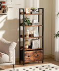 Badass Heavy Duty Five Tier Bookshelf With Deep Storage Drawers, Tall Industrial Wood Metal Display Rack, Rustic Brown Finish in living room with plants.