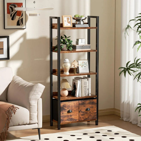 Badass Heavy Duty Five Tier Bookshelf With Deep Storage Drawers, Tall Industrial Wood Metal Display Rack, Rustic Brown Finish in living room with plants.