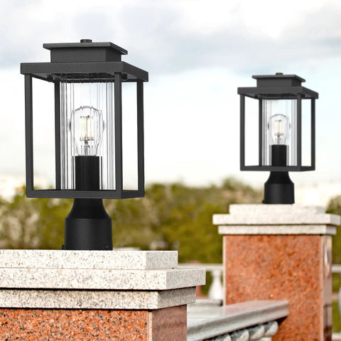 Sleek Outdoor Post Light Set 2 Pack With 1 Light Each Exterior Lantern On Pier Mount Base Black Finish Cylinder Glass 6.7 Inch Wide By 15 Inch Tall Durable Weatherproof Lamp Post Fixture For Patio Or Walkway in garden setting