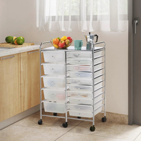 15 Drawer Rolling Storage Cart On Wheels With Two Drawer Sizes White Go To Multi Purpose Mobile Organizer for kitchen use