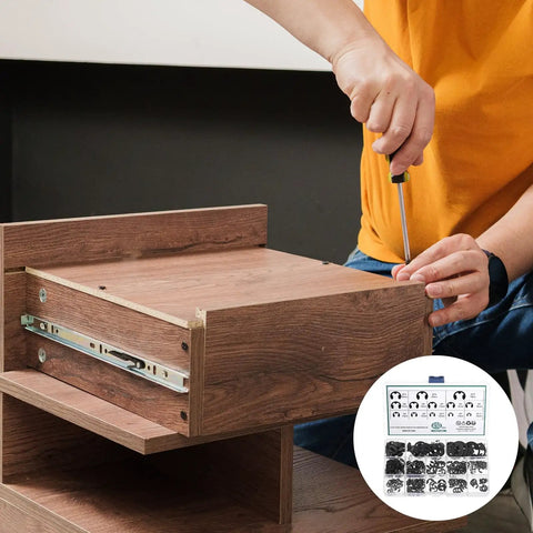 Person using a 450 Piece External Retaining Rings Kit Manganese Steel Circlip Snap Ring Set on wooden furniture assembly