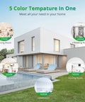 Modern home exterior with 5 color temperature options, showcasing 24 Pack 6 Inch Recessed LED Lighting Kit With 5 Color Temperatures 2700K To 6000K Dimmable 1100 Lumens 12W Equals 110W IC Rated ETL Listed Includes Junction Box And Easy Color Temperature Switch For Easy Home Reno.