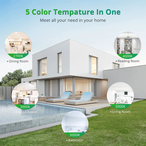 Modern home exterior with 5 color temperature options, showcasing 24 Pack 6 Inch Recessed LED Lighting Kit With 5 Color Temperatures 2700K To 6000K Dimmable 1100 Lumens 12W Equals 110W IC Rated ETL Listed Includes Junction Box And Easy Color Temperature Switch For Easy Home Reno.