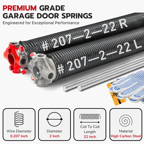 Heavy Duty 2 Inch Garage Door Torsion Spring Replacement Kit With Non Slip Winding Bars And Gloves, Electrophoresis Black Coating, 0.207 Inch Wire By 2 Inch ID By 22 Inch Length, Pair For Left And Right Doors, 20000 Plus Cycles, Easy DIY Install.