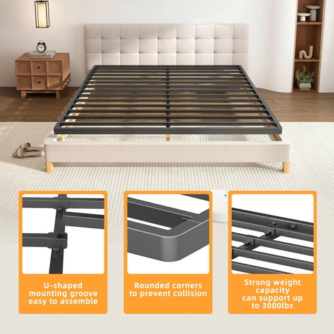 Heavy Duty Queen Size Box Spring With Low Profile Metal Frame And Thickened Steel Support Pillars For Wobble Free Mattress Foundation featuring U-shaped mounting groove.