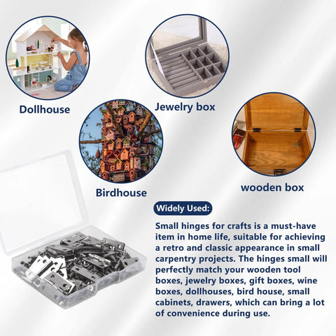 Smooth Swinging Mini Silver Hinges With Rust Resistant Iron Build And Complete Screw Set For Jewelry Boxes Dollhouses Cabinets And No Sweat Craft Room Enhancements displayed with a dollhouse, jewelry box, and birdhouse.