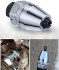 Damaged Bolt And Stud Extractor Tool With Three Eighths Drive Removes Quarter To Half Inch Studs From Exhaust And Other Tight Rusted Bolts Using Manual Or Pneumatic Impact Wrench Heavy Duty Alloy Steel Stud Puller in various views, installed and close-up