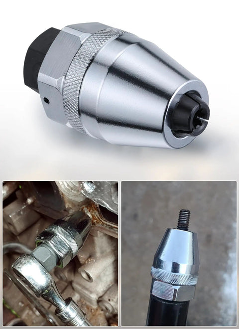Damaged Bolt And Stud Extractor Tool With Three Eighths Drive Removes Quarter To Half Inch Studs From Exhaust And Other Tight Rusted Bolts Using Manual Or Pneumatic Impact Wrench Heavy Duty Alloy Steel Stud Puller in various views, installed and close-up