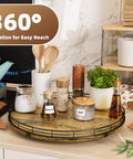 Slick Sixteen Inch Round Wooden Lazy Susan Turntable Organizer with condiments and spices on a kitchen countertop.