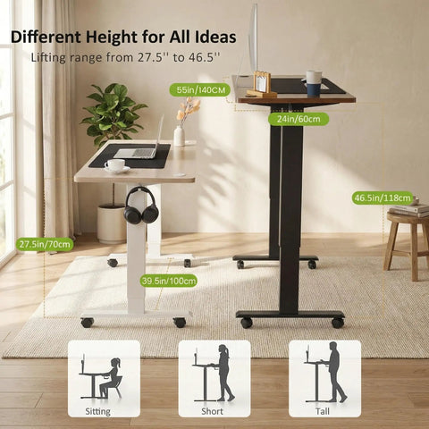 Upgraded 55 Inch Oak Gray Electric Standing Desk With Memory Settings, large mouse pad, rolling wheels and foot support in ergonomic height adjustment.