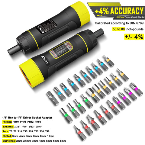 Torque Screwdriver Set With 31-Piece S2 Steel Bits, 10-80 Inch-Pounds Torque Range, 1/4 Inch Drive Wrench Kit displayed with bits.