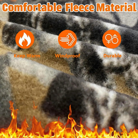 Cold Weather Huntin Balaclava Face Mask with Camo Pattern fleece material showing windproof, warm, and durable features