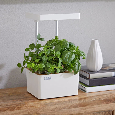 Hydroponic Grow Kit With Self Watering System And Adjustable LED Grow Lights On Telescoping Poles For Indoor Garden on a shelf.