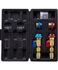 Air Conditioning Valve Core Remover And Installer Tool Set For R134A And R1234YF in black ABS case with colored fittings.